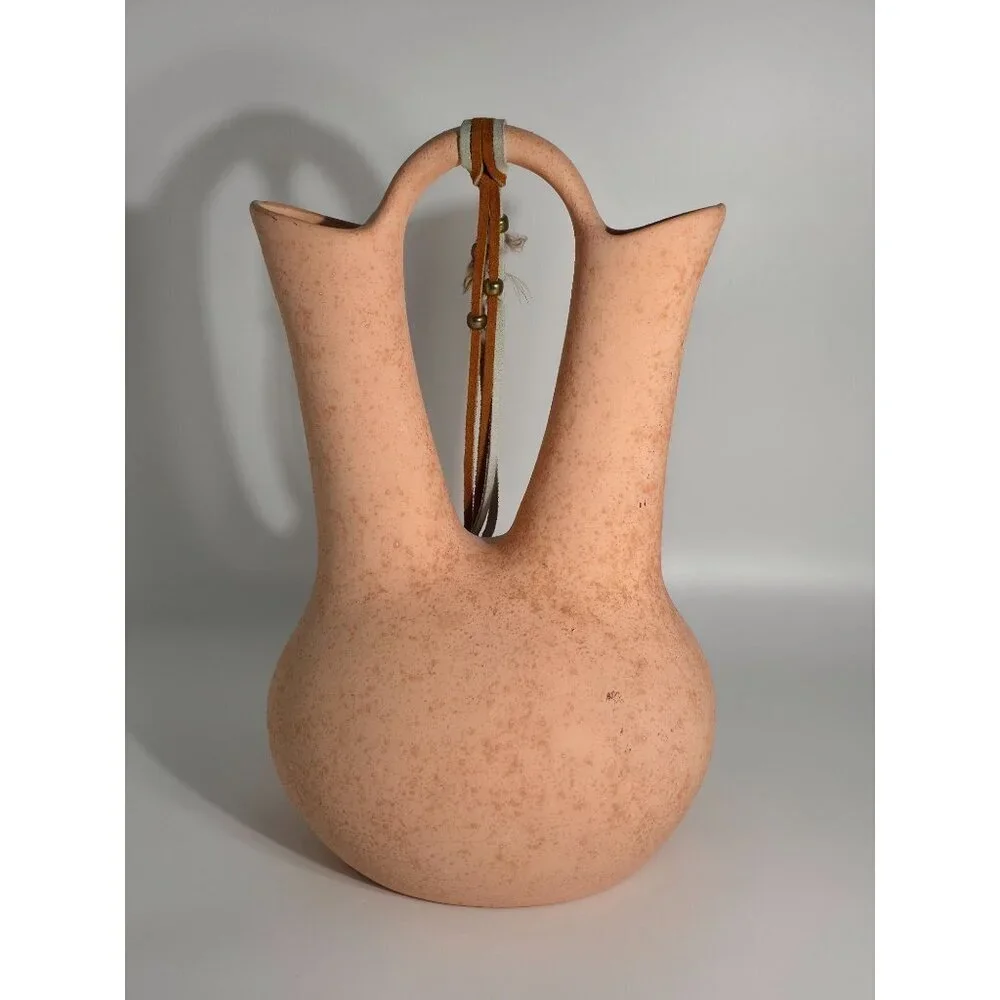 Double Spout Terracotta Vase Leather Accent Pink Beige Sandstone Finish Vintage